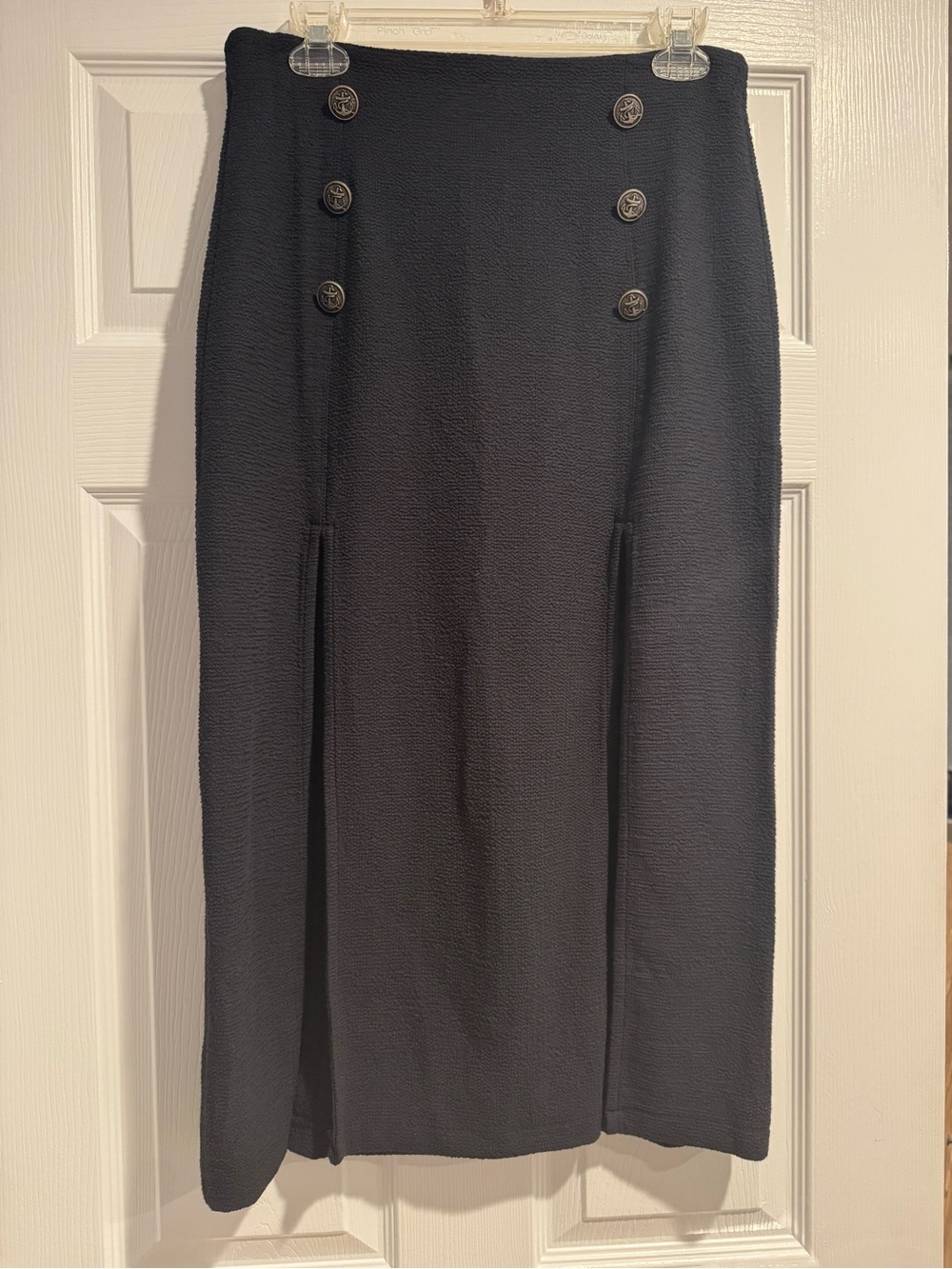Classic Navy Button-Front Midi Skirt with Nautical Buttons